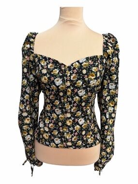 Topshop Black Floral Sweetheart Long-Sleeve Blouse